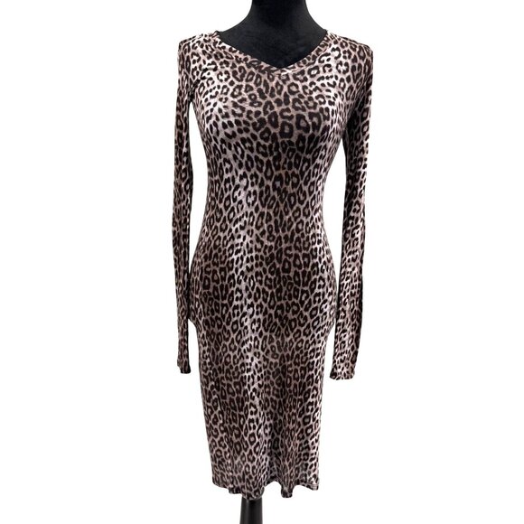 BCBGMAXAZRIA Leopard Long Sleeve Midi Dress V Neck Womens S‎ Jersey Thin Fitted - Picture 1 of 6